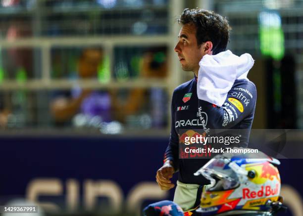 Second placed qualifier Sergio Perez of Mexico and Oracle Red Bull Racing looks on in parc ferme during qualifying ahead of the F1 Grand Prix of...