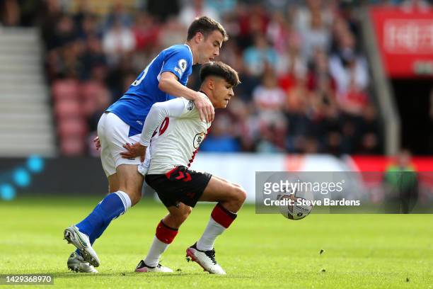 Juan Larios of Southampton battles for possession with Seamus Coleman of Everton during the Premier League match between Southampton FC and Everton...