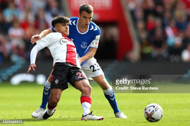 Juan Larios of Southampton battles for possession with Seamus Coleman of Everton during the Premier League match between Southampton FC and Everton...