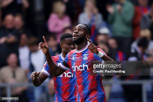 Odsonne Eduoard of Crystal Palace celebrates after scoring their team's first goal during the Premier League match between Crystal Palace and Chelsea...