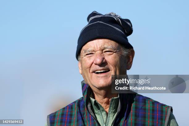 Bill Murray smiles on the 16th hole on Day Three of the Alfred Dunhill Links Championship on the Old Course St. Andrews on October 01, 2022 in St...