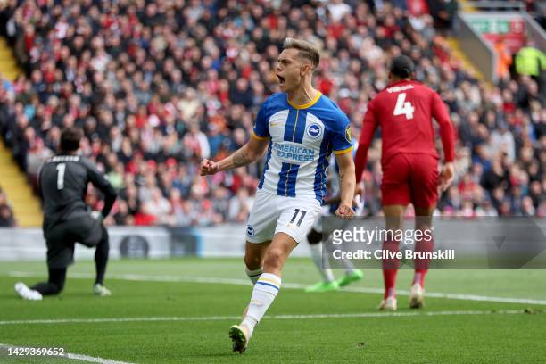 Leandro Trossard of Brighton & Hove Albion celebrates after scoring their sides second goal during the Premier League match between Liverpool FC and...