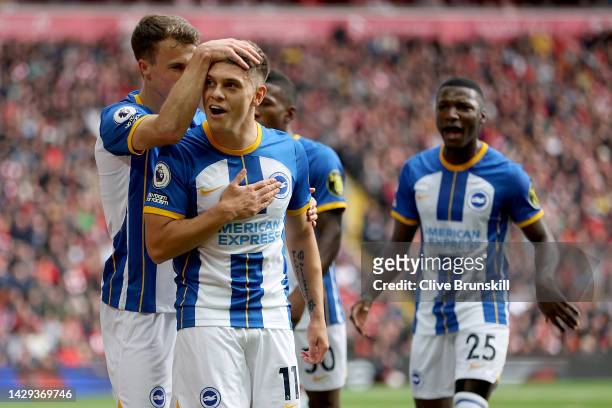 Leandro Trossard of Brighton & Hove Albion celebrates with team mates after scoring their sides second goal during the Premier League match between...