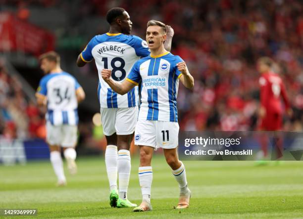 Leandro Trossard of Brighton & Hove Albion celebrates after scoring their sides second goal during the Premier League match between Liverpool FC and...