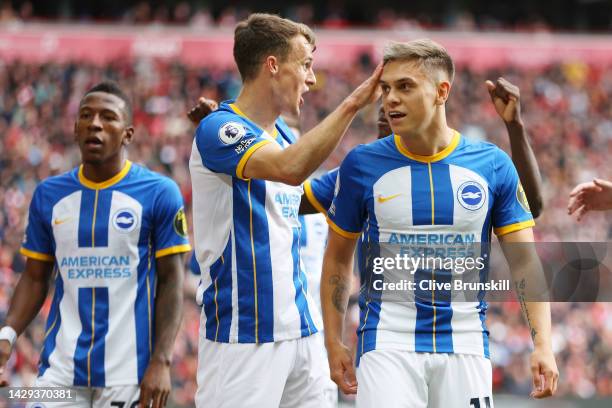 Leandro Trossard of Brighton & Hove Albion celebrates with team mates after scoring their sides second goal during the Premier League match between...