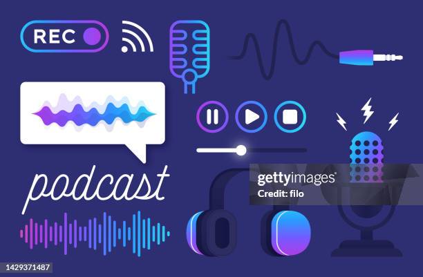 stockillustraties, clipart, cartoons en iconen met podcast recording broadcast laptop and microphone - stormbaan