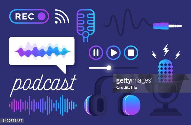 podcast recording broadcast laptop and microphone - computer graphic design headphones stock illustrations