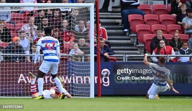 Tyler Roberts of Queens Park Rangers scores his side's second goal during the Sky Bet Championship between Bristol City and Queens Park Rangers at...