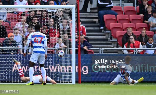 Tyler Roberts of Queens Park Rangers scores his side's second goal during the Sky Bet Championship between Bristol City and Queens Park Rangers at...