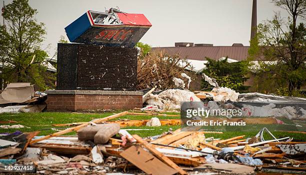 Damaged sustained to South West Community College following a tornado April 15, 2012 in Creston, Iowa. Parts of the northern edge of Creston were...