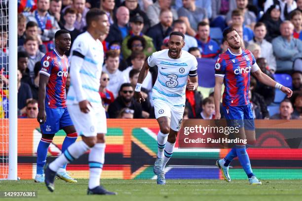 Pierre-Emerick Aubameyang of Chelsea celebrates after scoring their team's first goal during the Premier League match between Crystal Palace and...