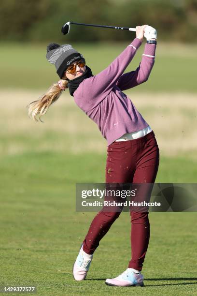 Kathryn Newton plays their second shot on the 17th hole on Day Three of the Alfred Dunhill Links Championship on the Old Course St. Andrews on...