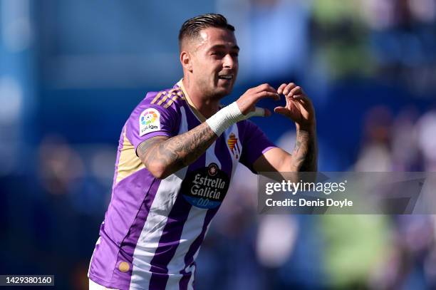 Sergio Leon of Real Valladolid CF celebrates after scoring their team's second goal during the LaLiga Santander match between Getafe CF and Real...