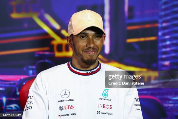 Third placed qualifier Lewis Hamilton of Great Britain and Mercedes attends the press conference after qualifying ahead of the F1 Grand Prix of...