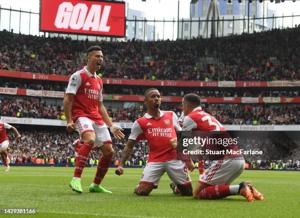Gabriel Jesus celebrates scoring the 2nd Arsenal goal with Gabriel Martinelli and Granit Xhaka during the Premier League match between Arsenal FC and...