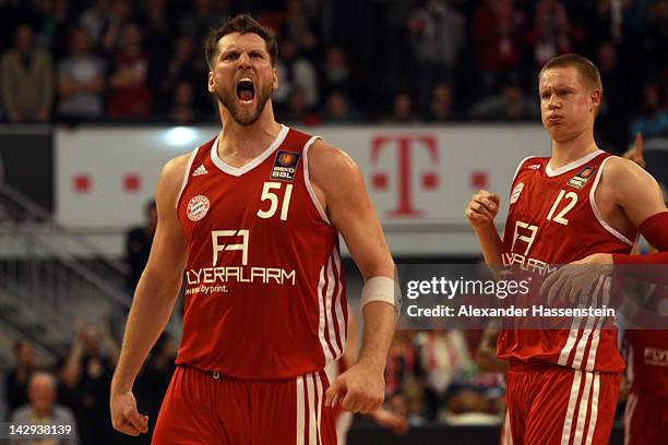 Jared Homan of Muenchen celebrates during the Beko Basketball match between FC Bayern Muenchen and Brose Baskets Bamberg at Audi-Dome on April 15,...