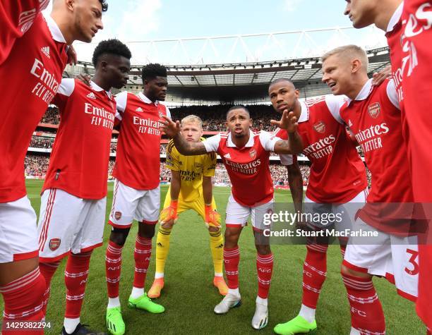 Arsenal players Ben White, Bukayo Saka, Thomas Partey, Aaron Ramsdale, Gabriel Jesus, Gabriel, Oleksandr Zinchenko, Granit Xhaka and Gabriel...