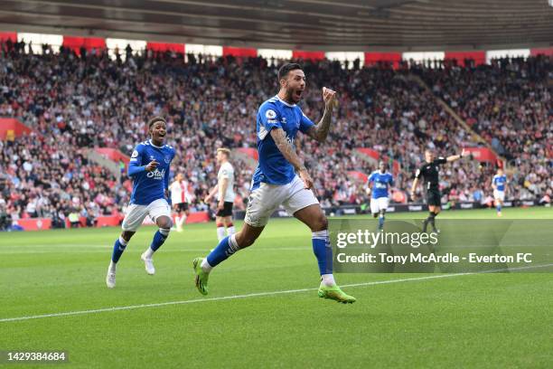 Dwight McNeil of Everton celebrates his goal during the Premier League match between Southampton FC and Everton FC at Friends Provident St. Mary's...