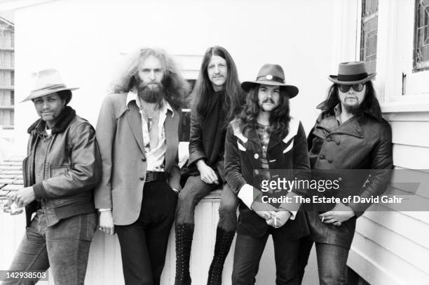 Rock group The Doobie Brothers pose for a portrait on April 12, 1973 in New York City, New York.