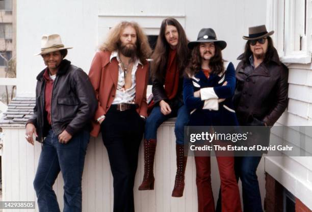 Rock group The Doobie Brothers pose for a portrait on April 12, 1973 in New York City, New York.