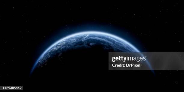 planet earth with clouds and dark space with stars - espaço para texto imagens e fotografias de stock