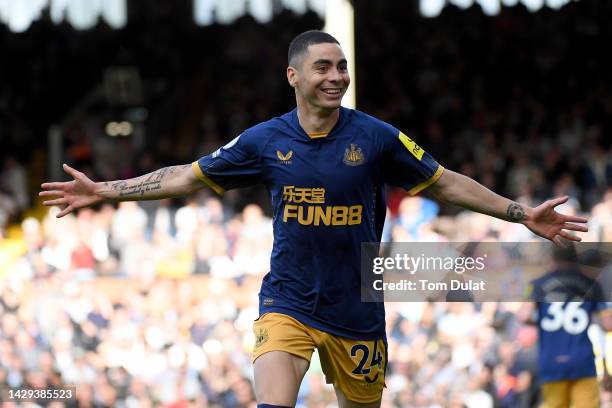 Miguel Almiron of Newcastle United celebrates after scoring their sides fourth goal during the Premier League match between Fulham FC and Newcastle...