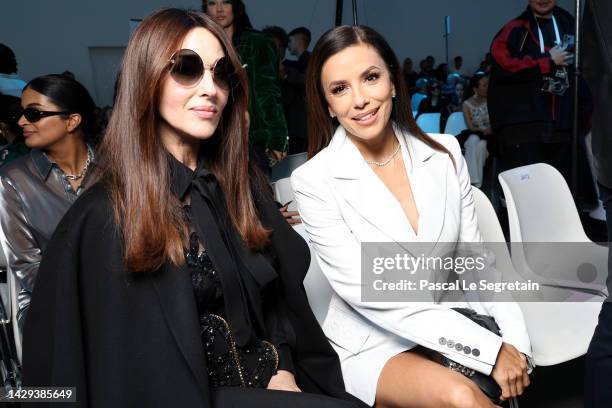 Monica Bellucci and Eva Longoria attend the Elie Saab Womenswear Spring/Summer 2023 show as part of Paris Fashion Week on October 01, 2022 in Paris,...