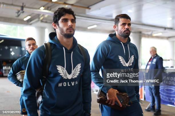Goncalo Guedes and Diego Costa of Wolverhampton Wanderers arrive at the stadium prior to the Premier League match between West Ham United and...