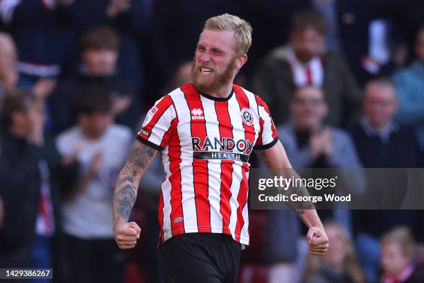 Oliver McBurnie of Sheffield United celebrates after scoring their side's first goal during the Sky Bet Championship between Sheffield United and...