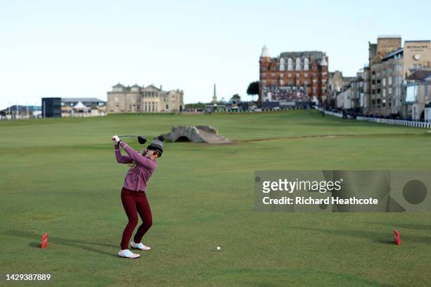 Kathryn Newton tees off on the 18th hole on Day Three of the Alfred Dunhill Links Championship on the Old Course St. Andrews on October 01, 2022 in...