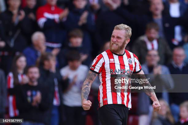 Oliver McBurnie of Sheffield United celebrates after scoring their side's first goal during the Sky Bet Championship between Sheffield United and...