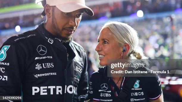 Third placed qualifier Lewis Hamilton of Great Britain and Mercedes talks with Angela Cullen in parc ferme during qualifying ahead of the F1 Grand...