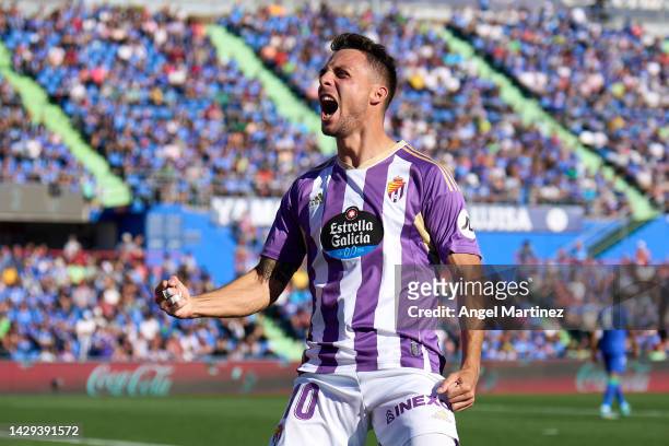 Oscar Plano of Real Valladolid celebrates after scoring their side's third goal during the LaLiga Santander match between Getafe CF and Real...