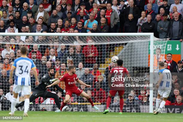 Leandro Trossard of Brighton & Hove Albion scores their sides third goal and hat trick during the Premier League match between Liverpool FC and...