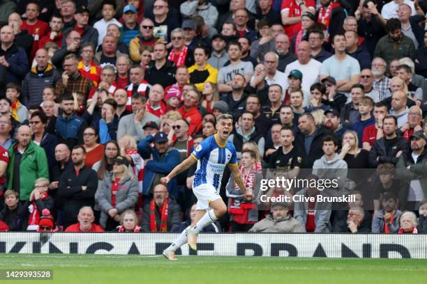 Leandro Trossard of Brighton & Hove Albion celebrates after scoring their sides third goal and hat trick during the Premier League match between...