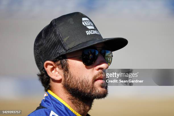 Chase Elliott, driver of the NAPA Auto Parts Chevrolet, looks on during qualifying for the NASCAR Cup Series YellaWood 500 at Talladega Superspeedway...
