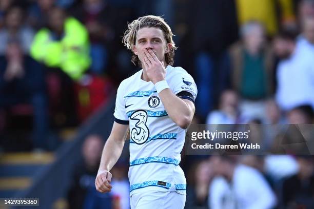 Conor Gallagher of Chelsea celebrates after scoring their team's second goal during the Premier League match between Crystal Palace and Chelsea FC at...