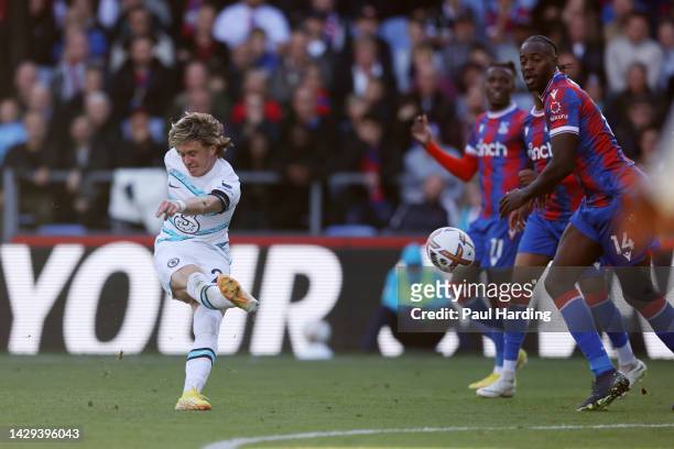 Conor Gallagher of Chelsea scores their team's second goal during the Premier League match between Crystal Palace and Chelsea FC at Selhurst Park on...