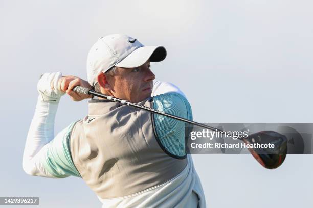 Rory McIlroy of Northern Ireland tees off on the 18th hole on Day Three of the Alfred Dunhill Links Championship on the Old Course St. Andrews on...