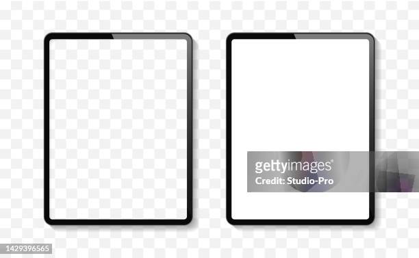 ilustraciones, imágenes clip art, dibujos animados e iconos de stock de plantilla de maqueta de tableta frontal con pantalla vacía y transparente similar al ipad pro air - vacío