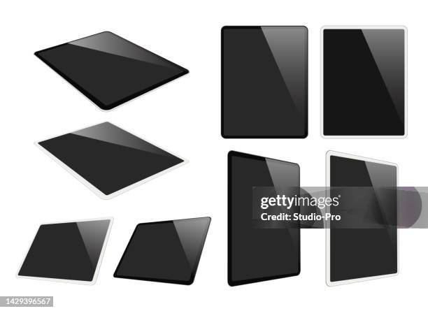 tablet computers similar to ipad pro air in different positions realistic mockup template set. top, side, three quater, perspective view. vector collection on white - tablet mockup stock illustrations