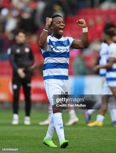 Ethan Laird of Queens Park Rangers celebrates at the final whistle during the Sky Bet Championship between Bristol City and Queens Park Rangers at...
