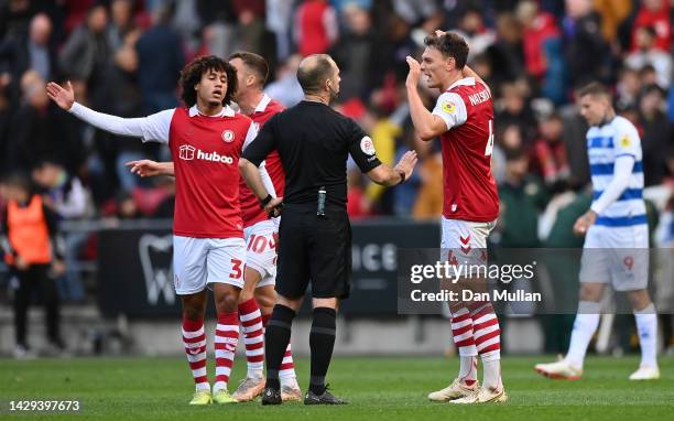 Kal Naismith of Bristol City remonstrates with Referee, Jeremy Simpson at the final whistle during the Sky Bet Championship between Bristol City and...