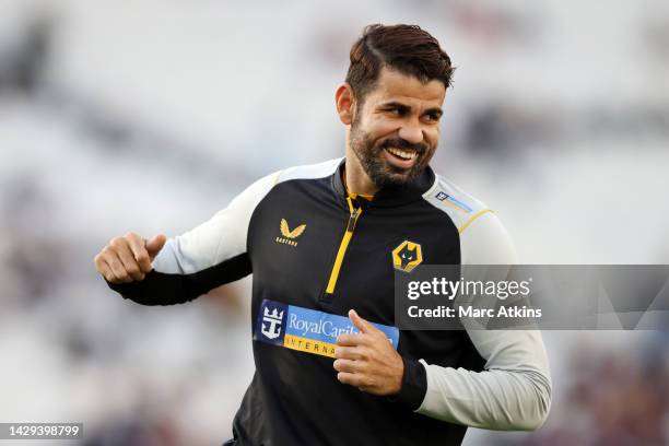 Diego Costa of Wolverhampton Wanderers warms up prior to the Premier League match between West Ham United and Wolverhampton Wanderers at London...