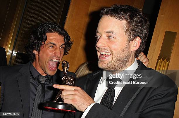 Hamish Blake and Andy Lee celebrate after Blake won the Gold Logie at the 2012 Logie Awards at the Crown Palladium on April 15, 2012 in Melbourne,...