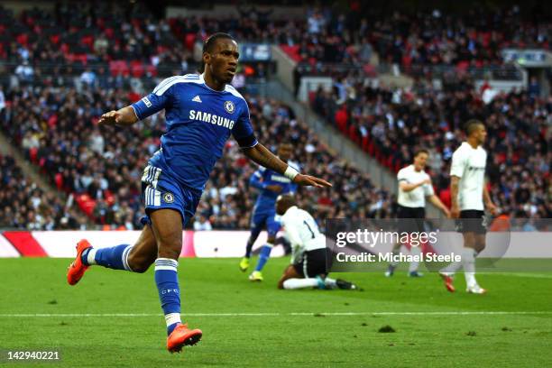 Didier Drogba of Chelsea celebrates as he scores their first goal during the FA Cup with Budweiser Semi Final match between Tottenham Hotspur and...