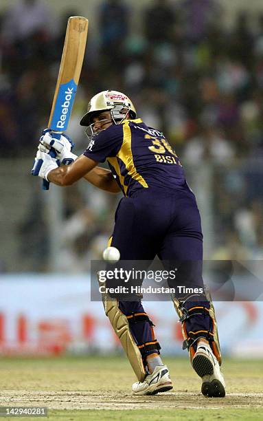 Kolkata Knight Riders batsman Manvinder Bisla plays a shot during the IPL 5 cricket match played between Kings XI Punjab and Kolkata Knight Riders at...