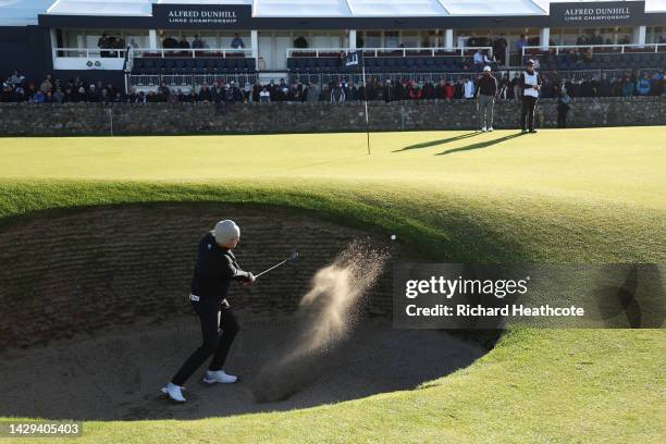 Rasmus Hojgaard of Denmark plays their shot from the bunker on the 17th hole on Day Three of the Alfred Dunhill Links Championship on the Old Course...