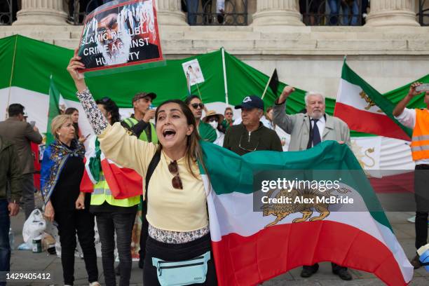 Protesters gather in solidarity with people protesting across Iran at Trafalgar Square on October 1, 2022 in London, England. The protests taking...