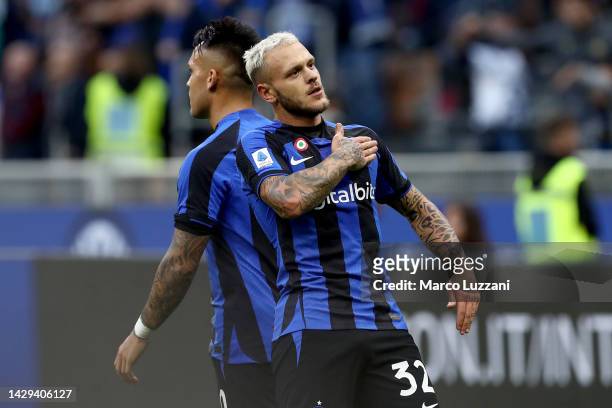 Federico Dimarco of FC Internazionale celebrates after scoring their team's first goal during the Serie A match between FC Internazionale and AS Roma...